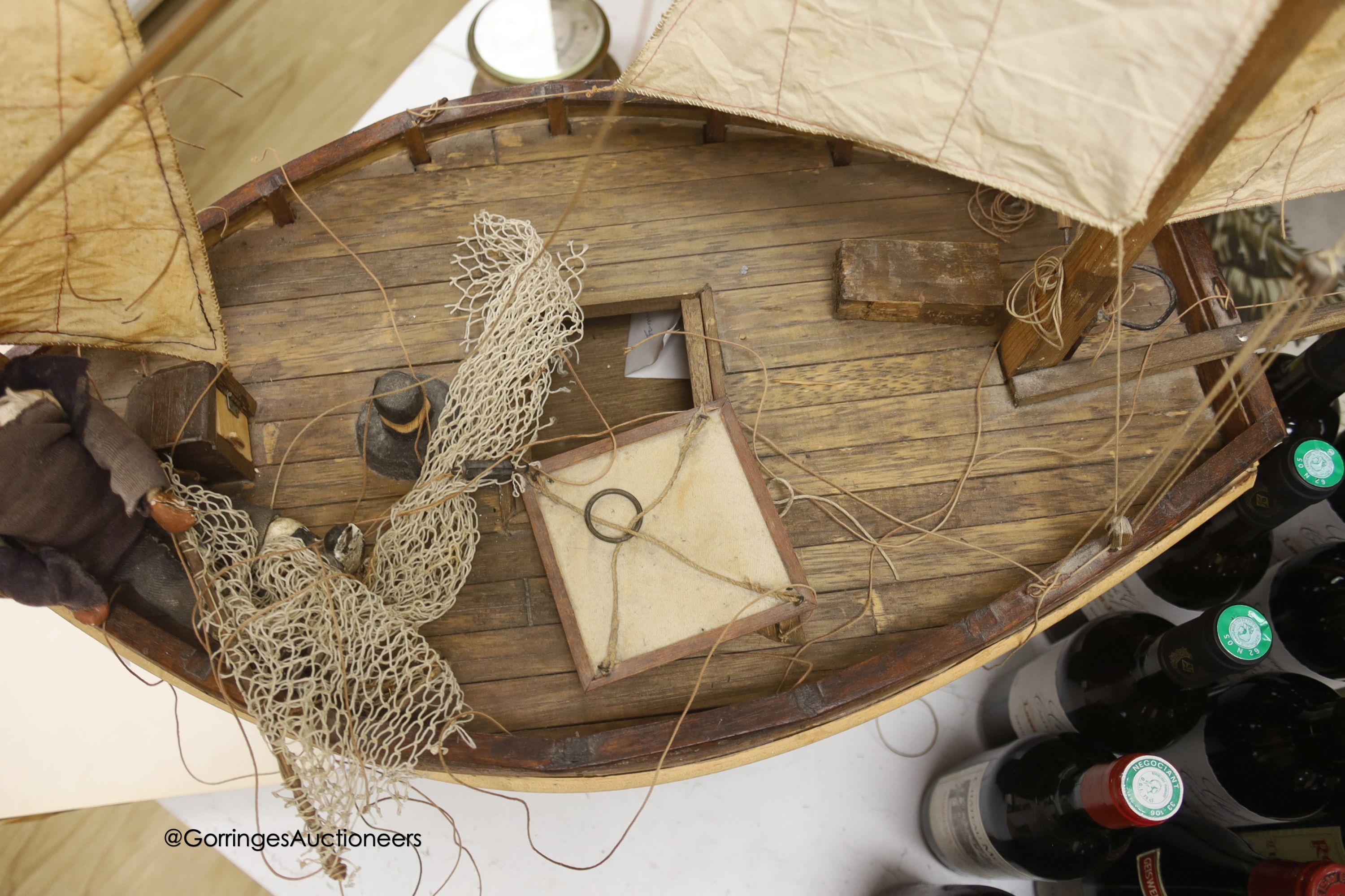 A clinker-built wood sailing boat model, hull 64cm